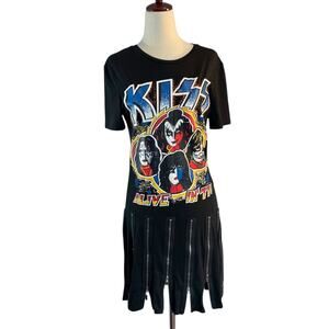 KISS Alive In '77 Band Shirt Dress Knit Black Cotton Blend Working Zippers S XS